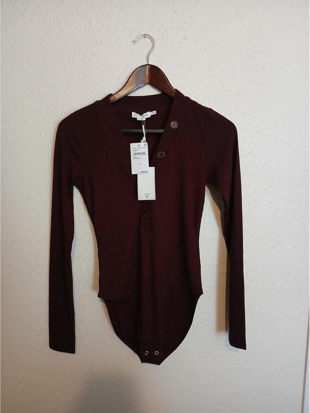 Good American Malbec Ribbed Long Sleeve Bodysuit XS